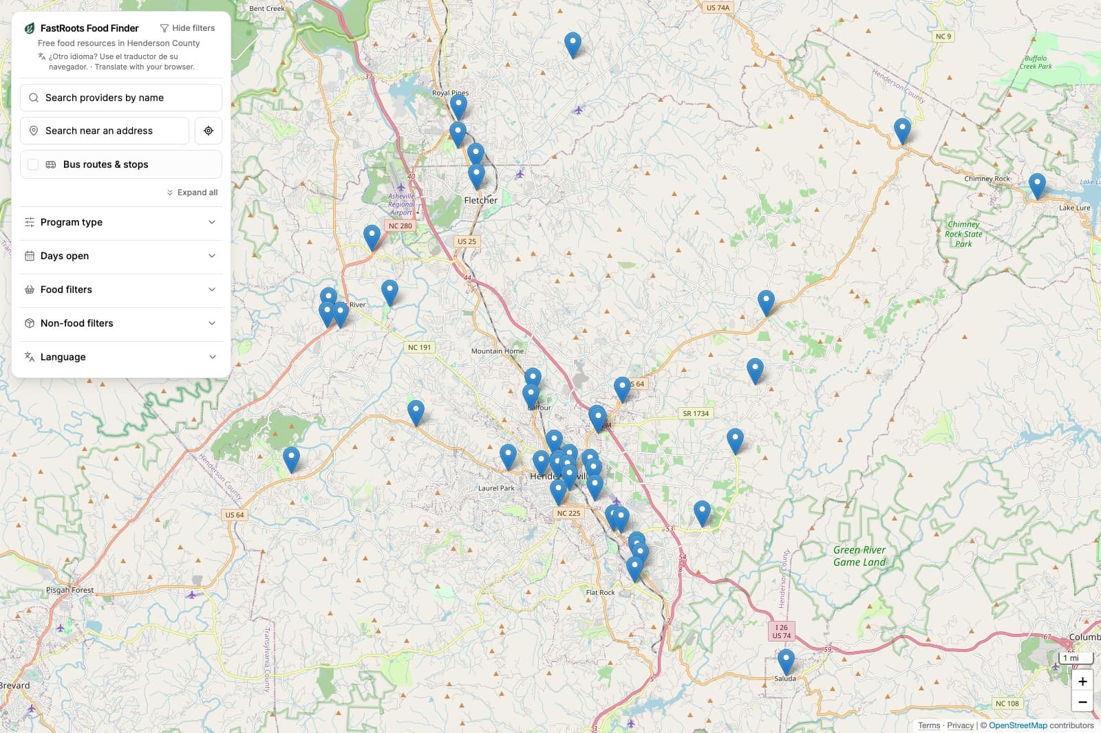 The public FastRoots Food Finder: a county map of verified food providers with filters for program type, days open, food and language